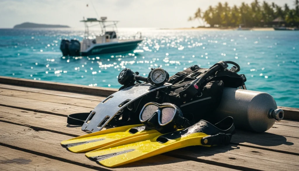 scuba gear on dockside