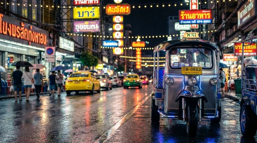 Bangkok Tuk Tuk in neon lit street